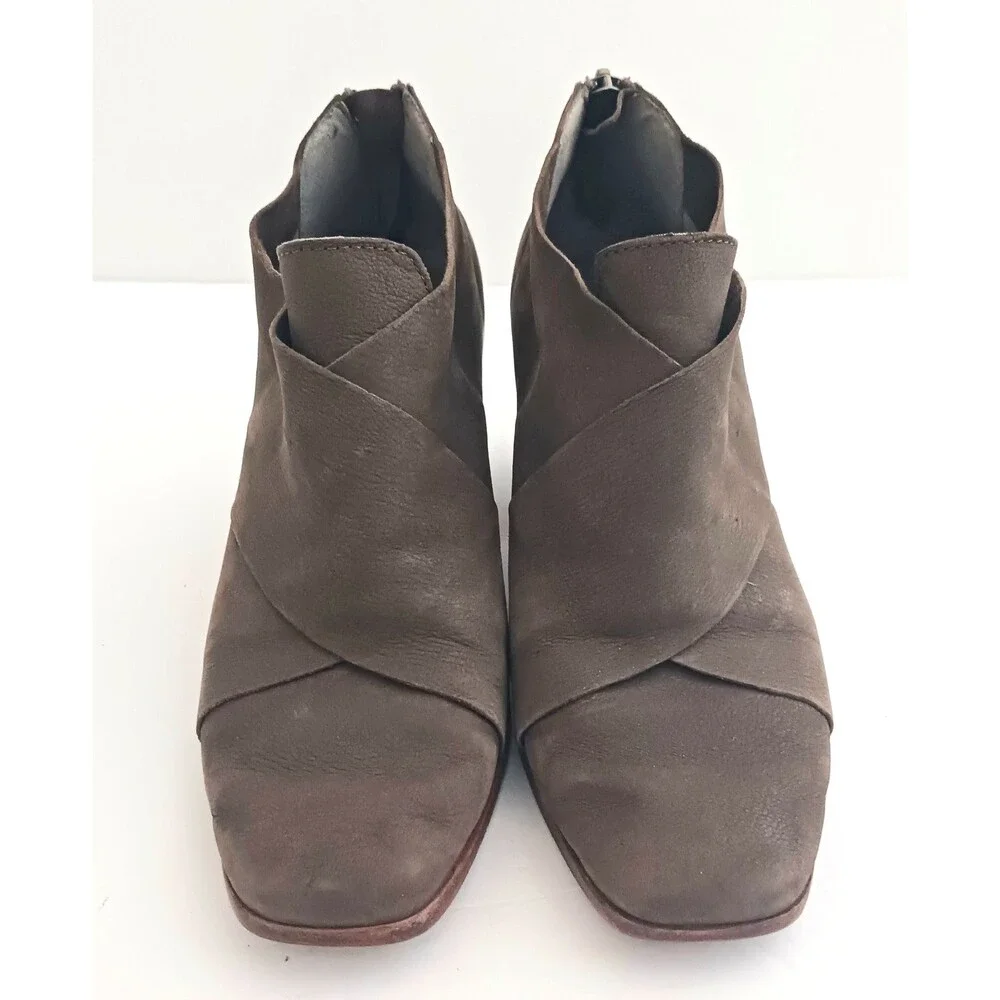Eileen Fisher Ember Mushroom Brown Suede Ankle Boot Sz 5 Wood Block Heel Zip